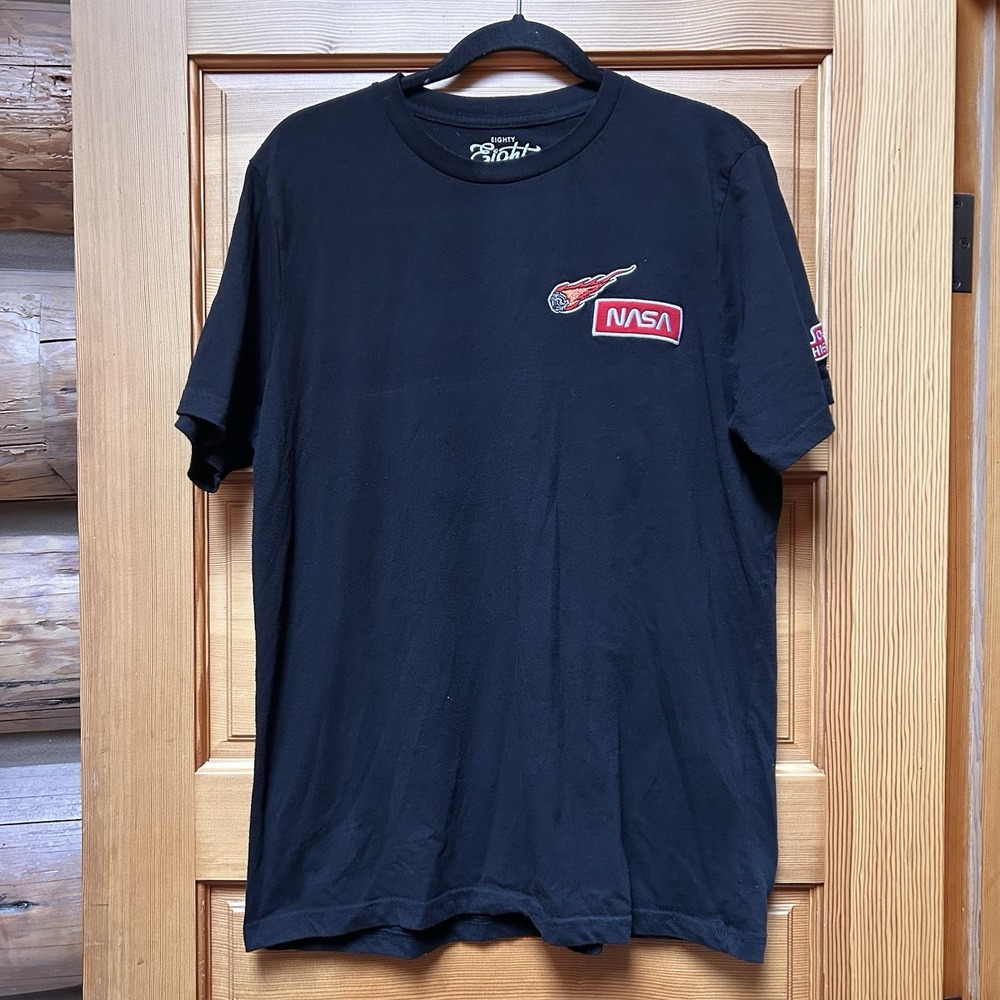 NASA Tee Shirt Black Mens Large Astronaut Space Science Nerd Patch Short Sleeve
